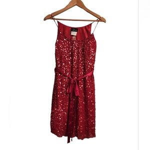 Gorgeous 100 % Silk Red Sequins Dress with spaghetti straps and Satin Waist tie